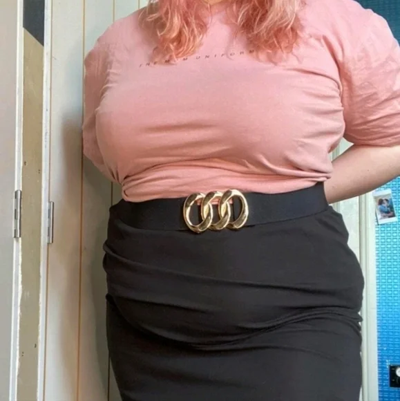 Black wide corset elastic boho stretch waist belt triple Gold chain link belt - Picture 7 of 14